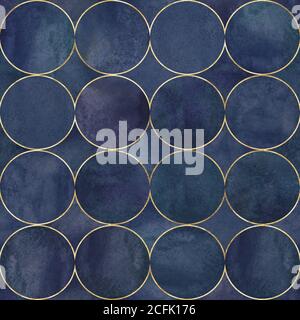 Abstract watercolor background with dark blue teal color circles. Watercolor hand drawn seamless pattern with gold contour line. Watercolour luxury te Stock Photo