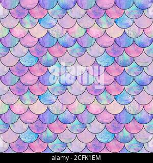 Mermaid fish scale wave japanese magic seamless pattern. Watercolor hand drawn bright colorful background with black contour. Watercolour scales shape Stock Photo