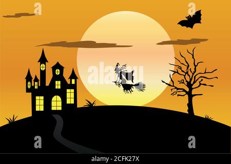 Silhouette of fearful house, witch and bat - background for Halloween Stock Vector