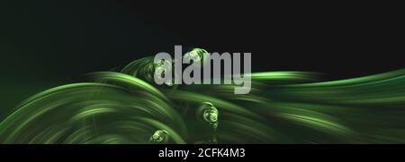 Abstract green curves fractal background on black. Horizontal panoramic image. Stock Photo