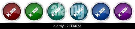 Syringe, injection icons, set of silver metallic glossy web buttons in ...