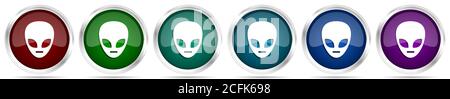 Alien face icons, set of silver metallic glossy web buttons in 6 color options isolated on white background Stock Photo