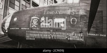 The nose art on a Handley page Halifax B.Mk.III, nicknamed 'Friday the 13th', that completed a remarkable 128 operational missions with 158 Squadron RAF. Incredibly this precious aircraft was not saved from the scrapheap after being displayed on Oxford street in London, only a section of the nose from the aircraft was saved and is exhibited at the RAF Museum Hendon. Stock Photo