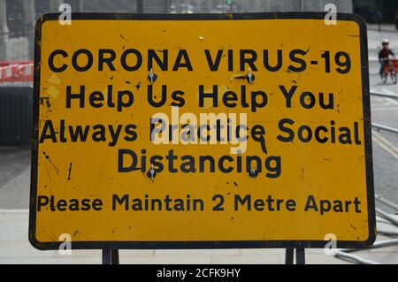 London, UK. 5 September 2020. A Corona Virus - 19 Notice in Central London, encouraging the public to practice social distancing. Stock Photo