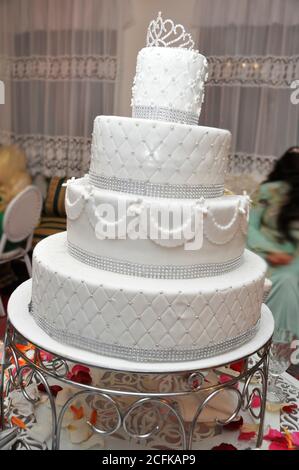 Beautiful wedding cake, close up of cake and blur background, selective focus. Stock Photo