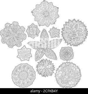 Collection with beautiful floral abstract patterns for coloring book pages on white background Stock Vector