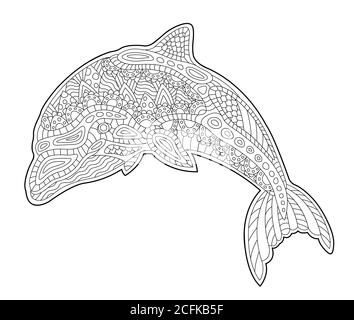 Beautiful coloring book page with cute dolphin on white background Stock Vector