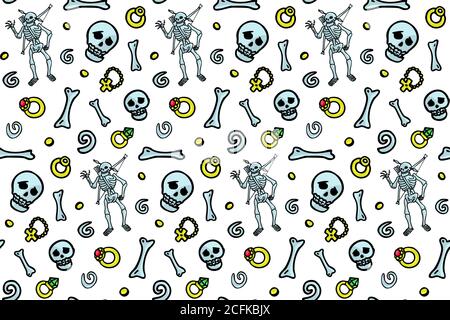 Funny seamless pattern with cartoon skeletons bones and treasure on white background Stock Vector