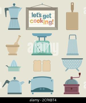 Set with several retro style illustrations of cooking utensils. A coffee maker, a toaster, a juicer, a kitchen scale, ... let’s get cooking !. Stock Vector