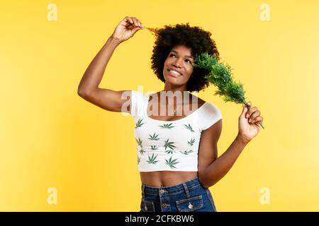 Happy black Woman with curly hair Stock Photo