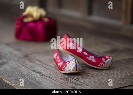 Happy new year's image of Korea,traditional flower shoes Stock Photo