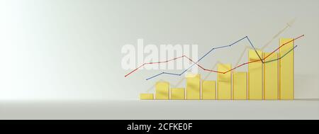 3d render of financial data rising golden bar graph growing, chart business growth on white Background, panoramic, blue red gold Stock Photo