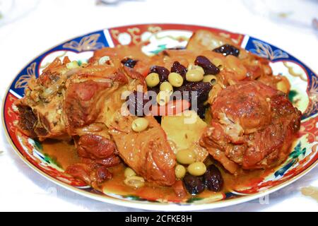 Moroccan dish. With meat, apricots and plums. Wedding food. Food of the Maghreb Stock Photo