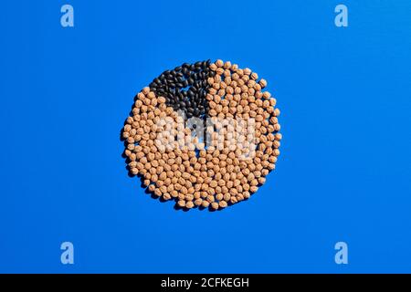 Top view of grain placed on blue table in shape of pie chart showing ratios in percentage Stock Photo