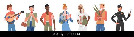 Casual people flat vector illustration set. Cartoon diverse multiracial character collection of different races, professions or ages, man woman in casual outfit clothes, work uniform isolated on white Stock Vector