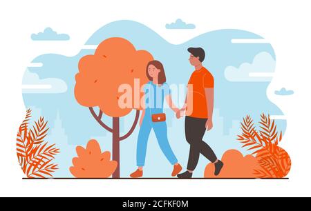 People on romantic date flat vector illustration. Cartoon happy young couple characters dating, walking together in autumn city park, lovers in pair holding hands, romance and love isolated on white Stock Vector