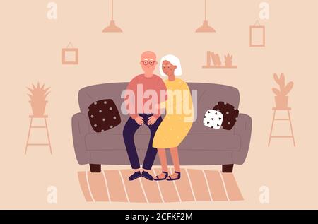 Elderly people at home flat vector illustration. Cartoon happy old grandparents characters sitting on sofa, elder grandmother and grandfather hugging, spending time at home living room background Stock Vector