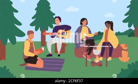 People on picnic camp flat vector illustration. Cartoon happy young friend characters sitting by campfire, cooking food and having fun time together, picnic party adventure in summer forest background Stock Vector