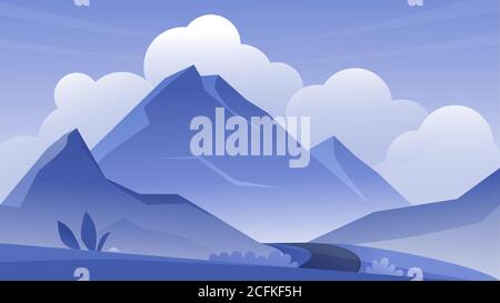 Mountain outdoor landscape vector illustration. Cartoon flat mountainous blue tranquil panoramic scenery with mountains rocks on horizon, road and clouds, calm wild nature simple scenic background Stock Vector