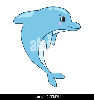 Vector cartoon illustration of a funny dolphin jumping fun on a white background. Stock Vector