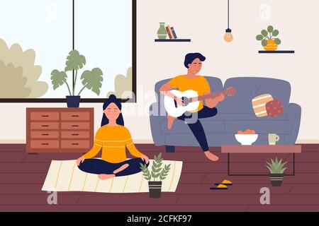 Home weekend flat vector illustration. Cartoon happy young couple people spend weekend time at home together, girl character relaxing, doing yoga meditating, guy playing music on guitar background Stock Vector