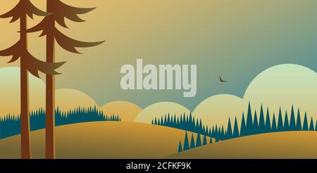 Landscape with pine trees, forests and fields. Stock Vector