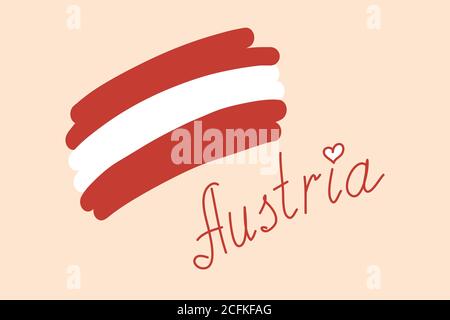 Flag of Austria, simple stylized vector illustration with freehand text. Red white Austrian flag, hand drawn country name with heart over letter Stock Vector