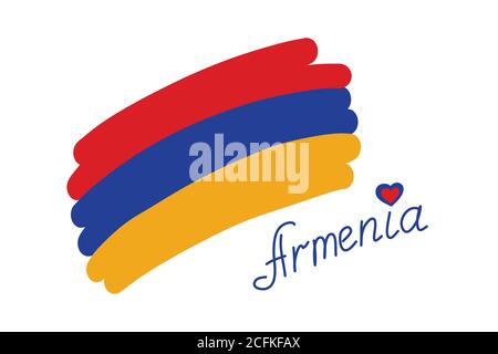 Flag of Armenia, simple stylized vector illustration with freehand text. Red blue yellow flag of Armenia, hand drawn country name with heart over lett Stock Vector