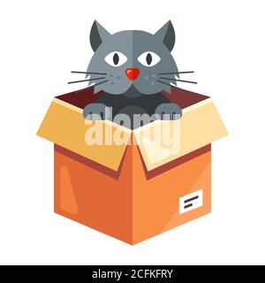 a stray cat lives in a cardboard box. flat character vector illustration isolated on white background. Stock Vector