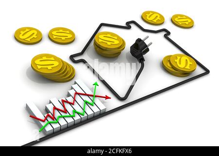 Changes in tariffs for electricity. Graph changes in electricity tariffs, contour of house made of electrical wire and lots of  the US coins Stock Photo