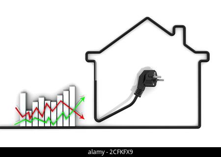 Changes in tariffs for electricity. Graph changes in electricity tariffs and contour houses made of electrical wire. Financial concept Stock Photo