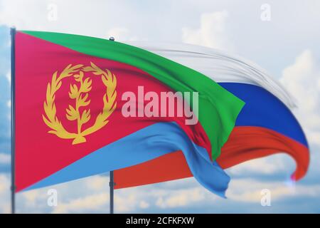 Waving Russian flag and flag of Eritrea. Closeup view, 3D illustration. Stock Photo