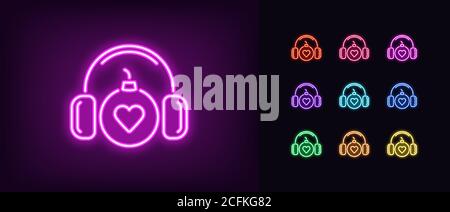 Neon bomb icon. Glowing neon bomb with headphones and heart sign, explosive sound. Top love dj, hit parade, explosive music compilation. Icon set, sig Stock Vector
