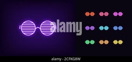 Neon men glasses icon. Glowing neon sunglasses with round shapes, vivid eyewear. Fashion glasses, goggles with shutter, eye mask, party accessory. Ico Stock Vector