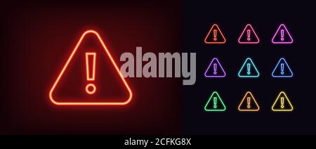 Neon warning icon. Glowing neon warning sign, exclamation mark in vivid colors. Important notification, urgent attention, caution error. Icon set, sig Stock Vector