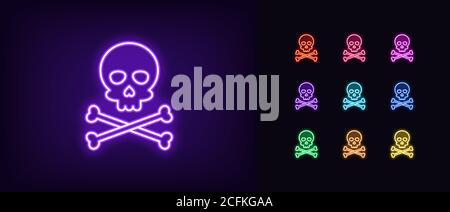 Neon jolly roger icon. Glowing neon skull with crossbones, skeleton head in vivid colors. Pirate flag, corsair skull, danger, poison. Icon set, sign, Stock Vector