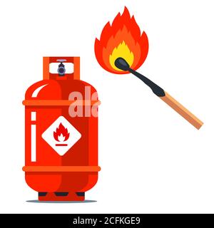 a red gas can next to a burning match. flammable situation. flat vector illustration isolated on white background. Stock Vector