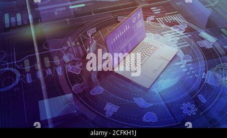 Business worldwide corporate background with infographics and laptop. Stock Photo