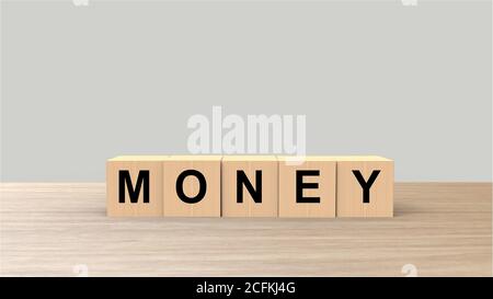 Money word wooden cubes on table vertical with white gray background, mock up, template, business stack step up graph, Risk management business financ Stock Photo
