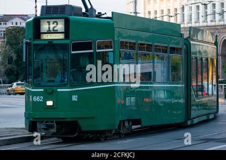 Single Be 4/6 S Schindler/Siemens or Schindler Wagon AG Be 4/6 green tram or Green Cucumber on empty street with no cars in downtown Sofia Bulgaria Stock Photo