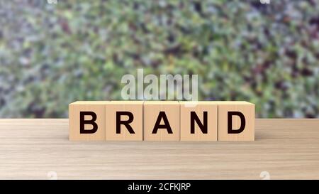 Brand word wooden cubes on table vertical with blur climb green background, mock up, template, business stack step up graph, Risk management. Brand bu Stock Photo