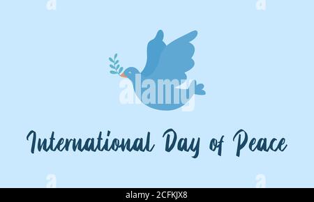 International Peace Day card. Hand written lettering with dove and olive branch. Vector illustration. Stock Vector