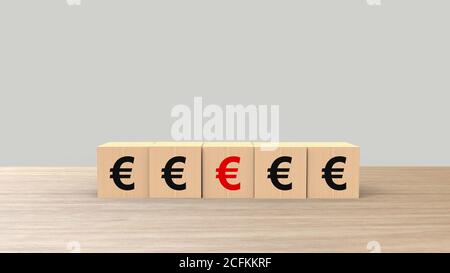 € euro sign symbol word Wooden cubes on table horizontal gray light background HD, mock up, template, banner with copy space for text, Risk management Stock Photo