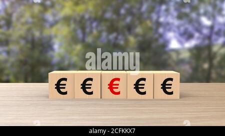 € euro sign symbol word wooden cubes on table horizontal blur green forest trees with sky background, mock up, template, banner with copy space for te Stock Photo