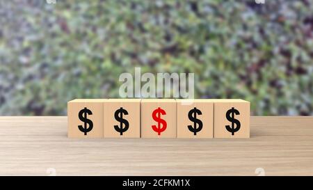 $ Dollar sign symbol word wooden cubes on table horizontal over blur background with climbing green leaves, mock up, template, banner with copy space Stock Photo