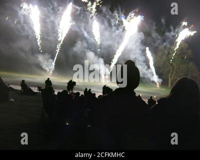 Black silhouettes of the audience watching the bright white illuminations in the night sky at a fireworks display. Stock Photo