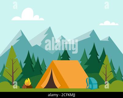 Summer Camping day in mountains. Mountains, trees, tent and campfire. Banner, poster for Climbing, hiking, trakking sports. Vector illustration Stock Vector