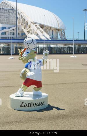 Sochi, Krasnodar Krai, Russia - June 05.2017: Sculpture Zabivaki - humanoid wolf, the official mascot of the FIFA world Cup 2018 in the Olympic Park. Stock Photo