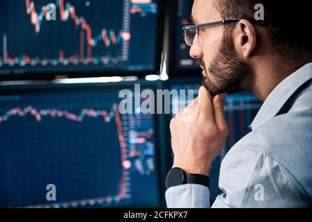 Trader analyzing global bitcoin price on network diagram Stock Photo