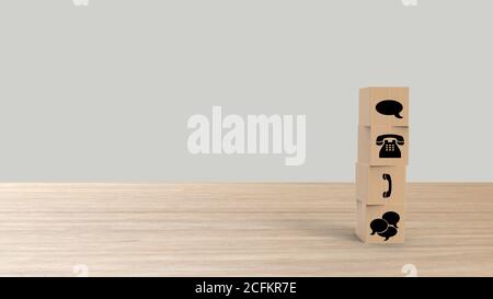 Symbols communication, telephone, message, chat, call, email wooden cubes on table horizontal blur gray light background, mock up, template, banner wi Stock Photo